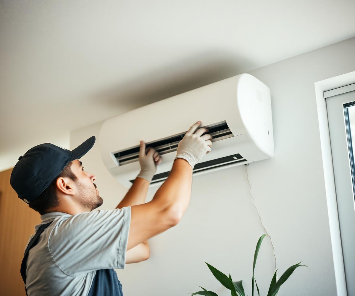 Technician servicing a wall-mounted split system air conditioner