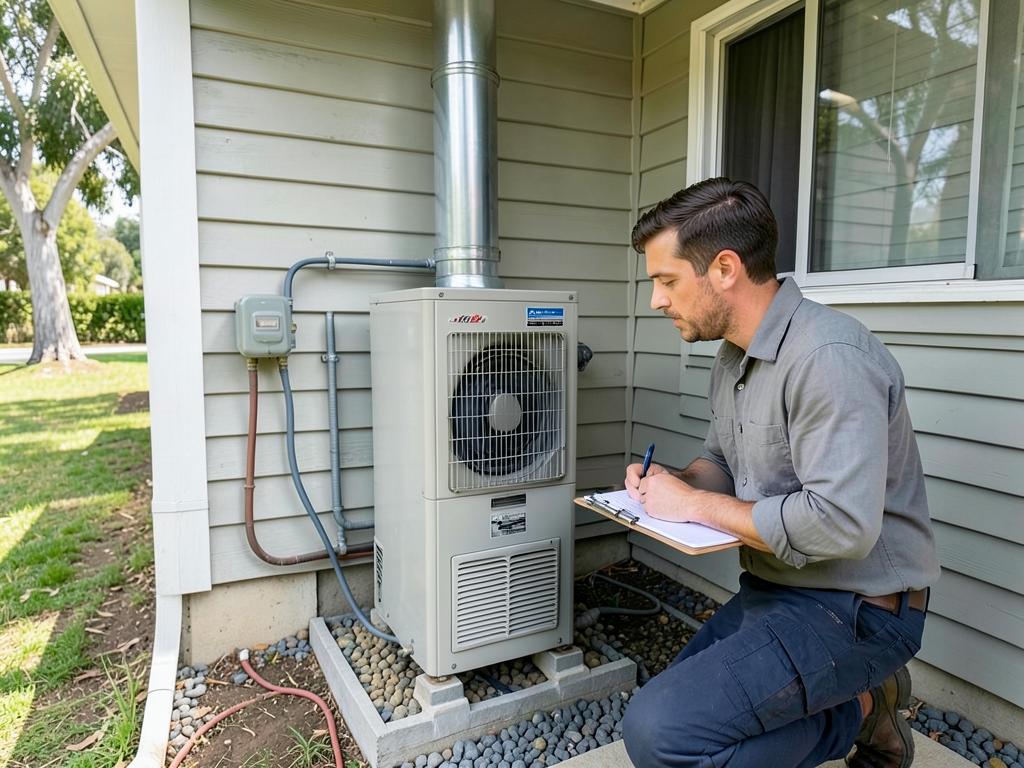Technician commissioning a ducted heating unit with final checks