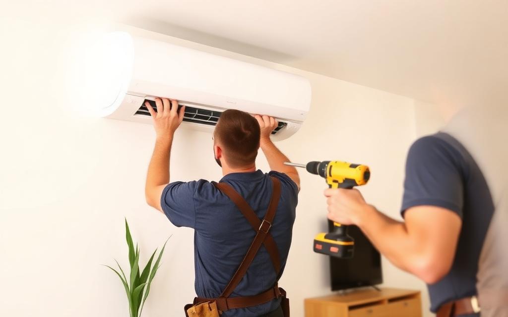Technician installing a wall-mounted split system air conditioner