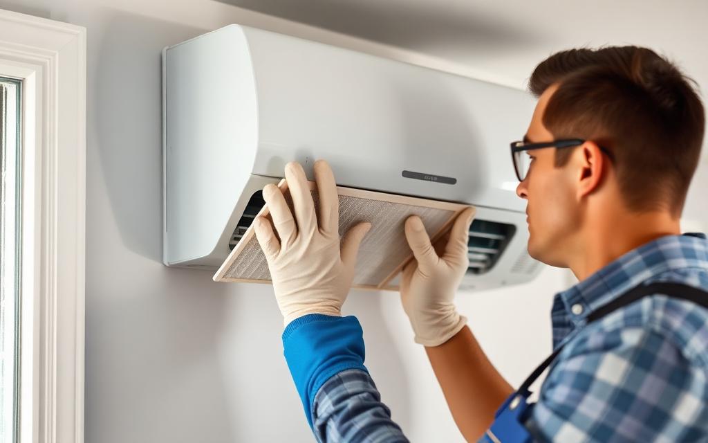Technician cleaning split system air conditioner filters